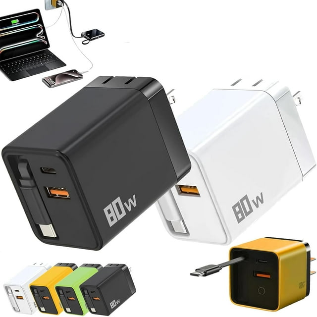 Chargeur 3 en 1 Rétractable Chargeur de Téléphone Prise Murale 80w Max Rapide, Module de Chargeur Rapide 80w Max Extensible avec Câble Type-C et 1 Port USB pour Téléphone, Tablette, Ordinateurs Portables, Montres
