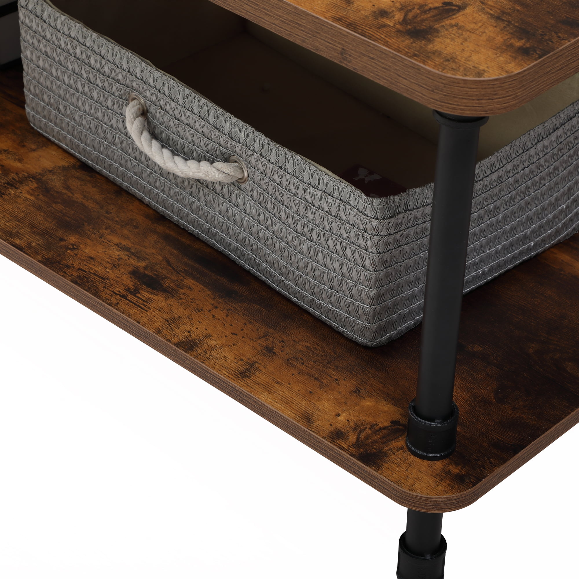 Lowestbest Modern Industrial Style Metal Frame Wooden Rectangular Wood Grain Coffee Table, Two-Story Side Table with Storage Shelf-Retro Color, Brown Lowestbest Modern Industrial Style Metal Frame Wooden Rectangular Wood Grain Coffee Table, Two-Story Side Table with Storage Shelf-Retro Color, Brown