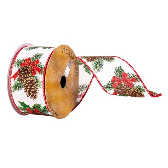 Vickerman Q214643 2.5 in. x 10 Yards White Pinecone Red Bow Ribbon