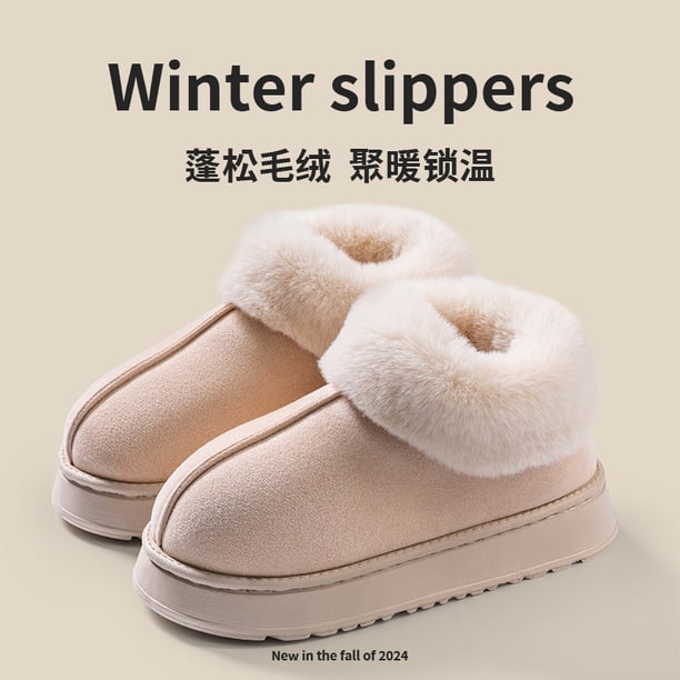 Botas de nieve de alta calidad para mujer, pantuflas suaves de piel sintética de felpa esponjosa, zapatos cómodos para interiores para invierno, 2024