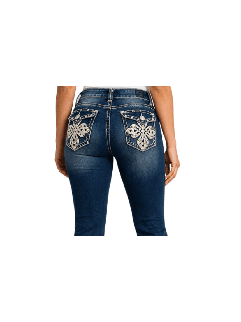 LA Idol Women's Rhinestone Mid Rise Bootcut Jeans, Spandex Cotton