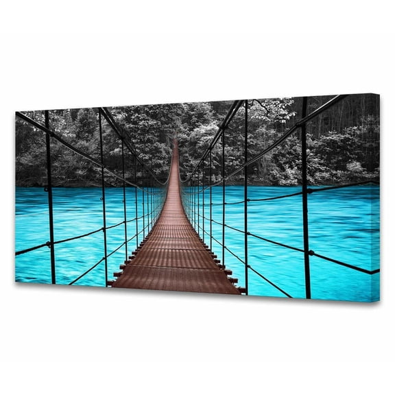Wall Art Canvas Print Landscape View of Long Steel Suspension Bridge 20 x 40"