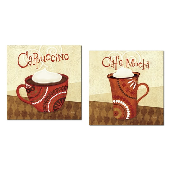 Fun Red and Brown Aboriginal Patterned Cappuccino and Cafe Mocha Coffee Print Set by Veronique Charron; Kitchen Decor; Two 12x12in Paper Posters