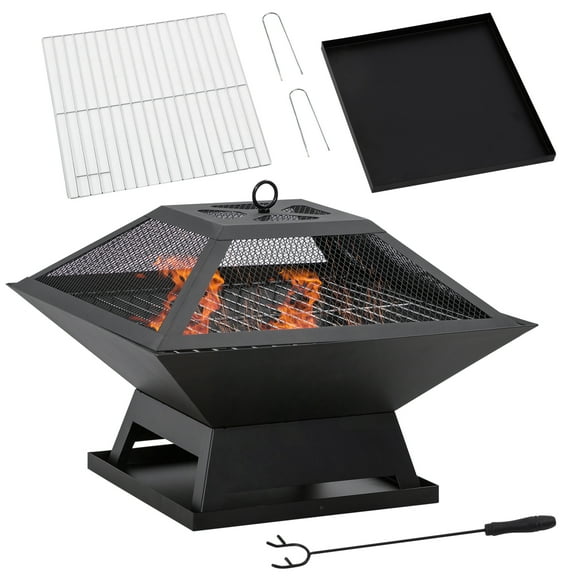 Outsunny Outdoor Fire Pit, Wood Burning Firepit with Grill, Spark Screen