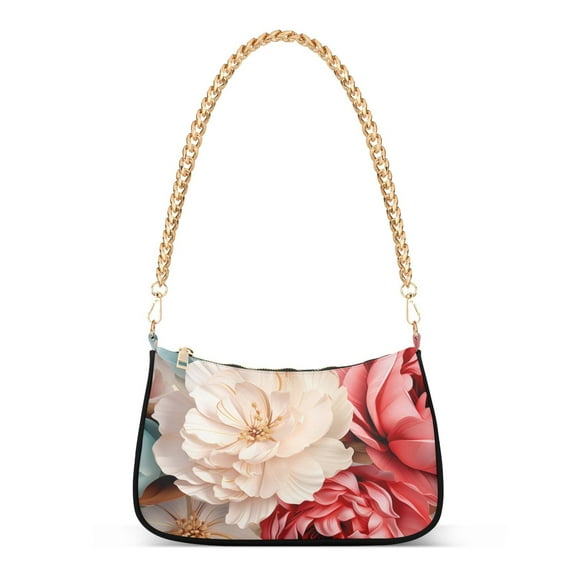 Womens Chain Shoulder Bag Blue and Pink Peony Flowers Classic Tote Handbags Fashion Clutch Hobo Purse with Zipper for Travel Casual