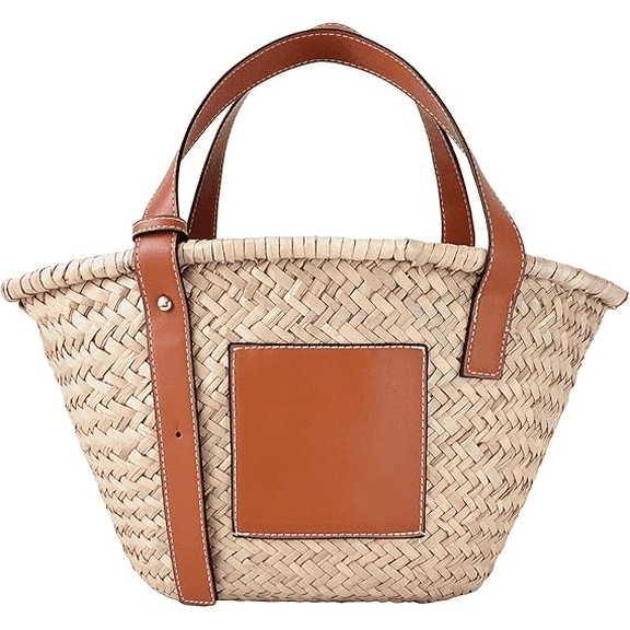 Custom Handmade Women's Straw Basket Tote Bag - Natural raffia tote bag with faux leather shoulder strap