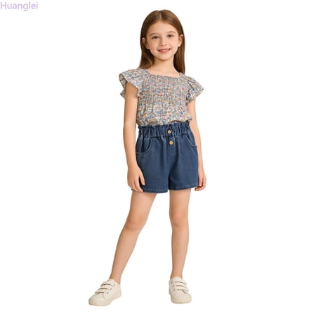 Huanglei Girls Denim Shorts Elastic Waist Casual Outdoor Play Summer Lightweight Comfortable Stretchy Soft Breathable Girls Cargo Jogger Pants 5-6 Years
