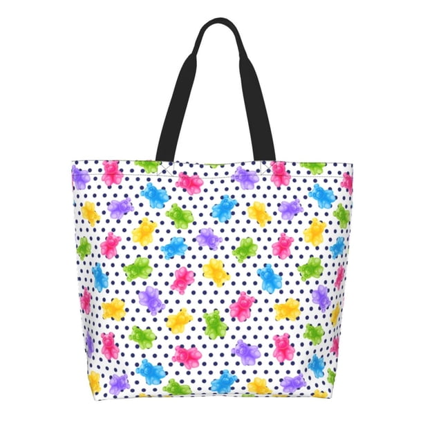 Fotbe Bear And Polka Dot Bolsa Tote Estética de Lona con Estampado para Mujer - Bolsa Reutilizable de Hombro Casual para Vacaciones, Compras, Trabajo y Gimnasio
