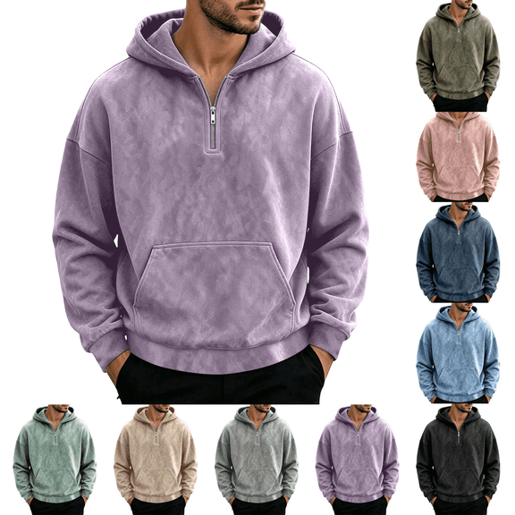 Zeijnsda Mens Loose Sweatshirts Fashion Half-Zipper Hoodies Solid Color Long Sleeved Hooded Sweatshirts Men's Oversized Pocket Hoodies