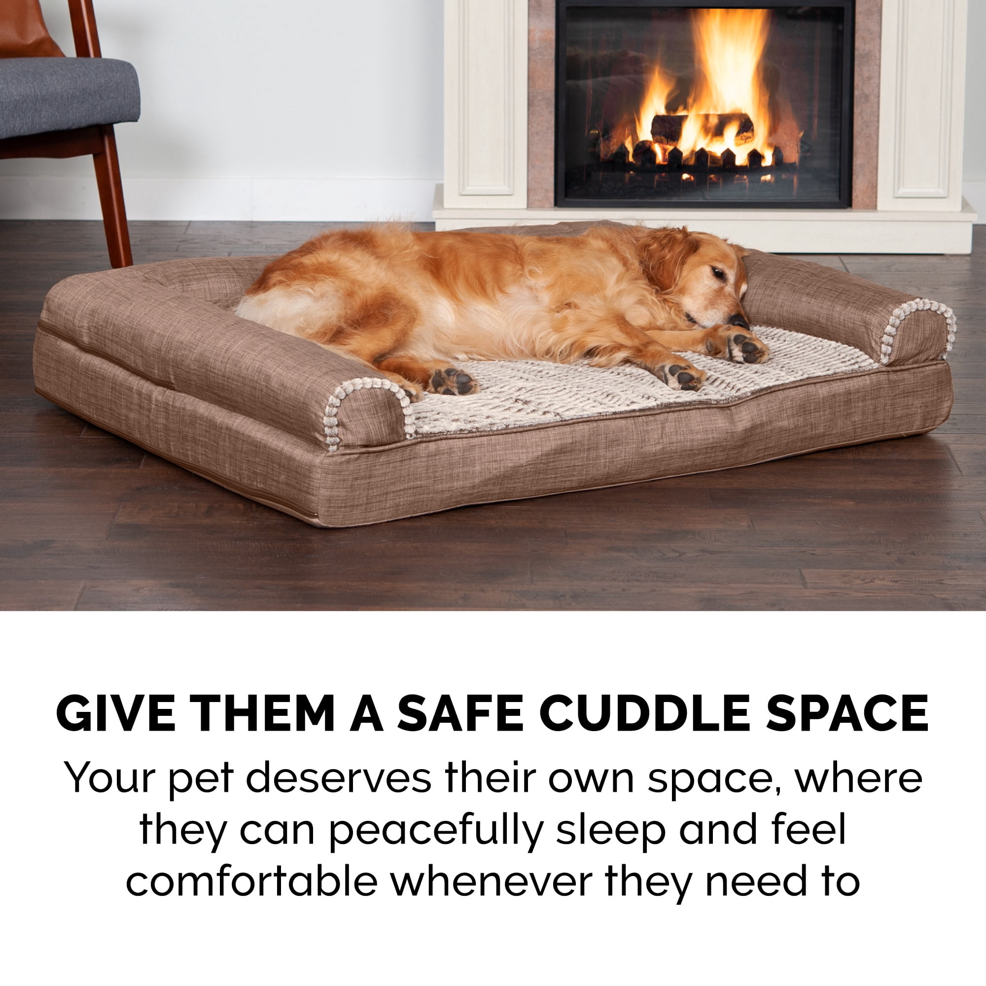 FurHaven Luxe Fur & Performance Linen Cooling Gel-Top Sofa Pet Bed, Woodsmoke, Jumbo, 1 Count