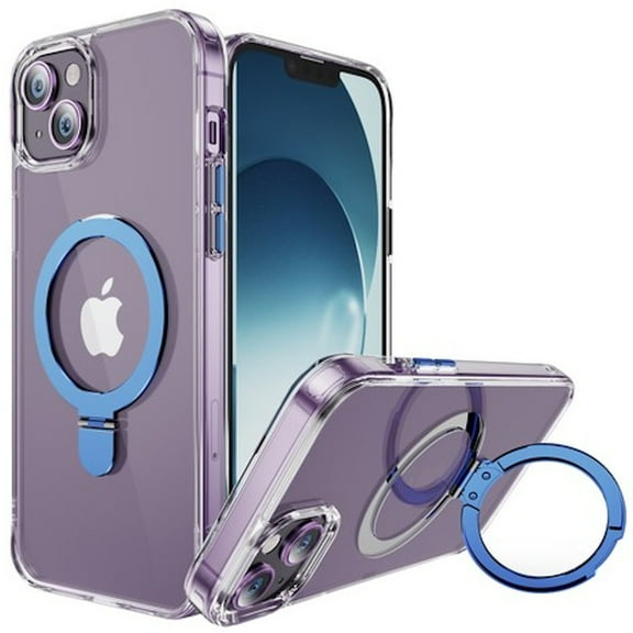 HD Transparent Case with MagSafe Kickstand Ring Holder for iPhone 15 Plus - Blue