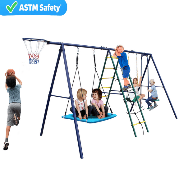 Swing Set for Outside, Heavy Duty A-Frame Metal Swing Set with Swing Chair, Climbing Ladder and Basketball Hoop, Outdoor Swing Frame, 4-5 Kids Swing Set Outdoor Games for Backyard