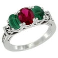 thumbnail image 1 of 14K White Gold Natural Quality Ruby & Malachite 3-stone Mothers Ring Oval Diamond Accent, size 9, 1 of 3
