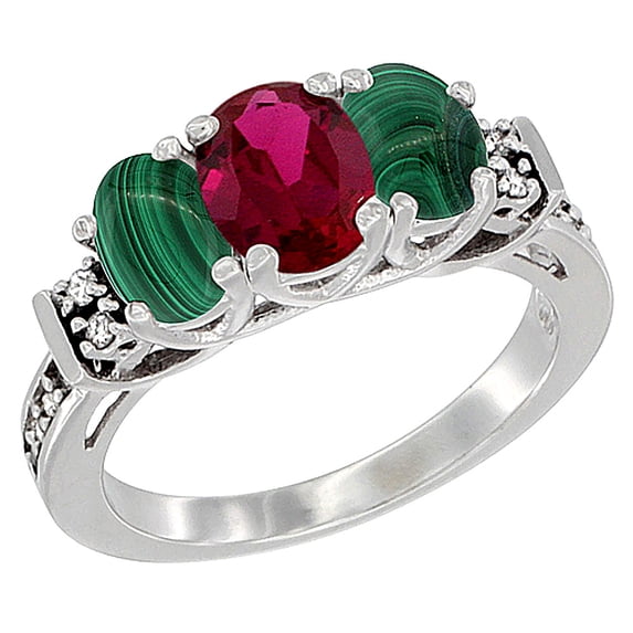 14K White Gold Natural Quality Ruby & Malachite 3-stone Mothers Ring Oval Diamond Accent, size 9