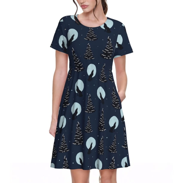 Balery Night Forest Wolf Vestidos sueltos de manga corta para mujer, vestidos de verano 2025, vestidos casuales de corte A con vuelo.