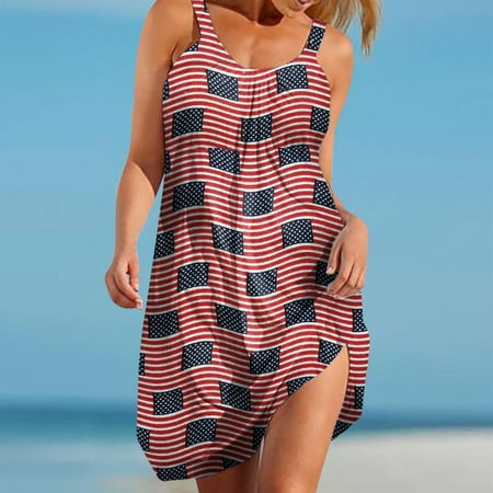 

Joau American Flag Dress for Women 4th of July Sleeveless Casual Dresses USA Stars Stripes Summer Beach Sundress O-Neck Loose Sleepdress Nightgown Comfy Home Loungewear