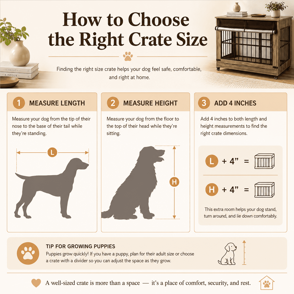 Aukfa 46-Inch Large Dog Crate Furniture, Indoor Dog Kennel Decorative Pet Cage End Table, Lift-Up Door, Curtain & Wheels,Greige