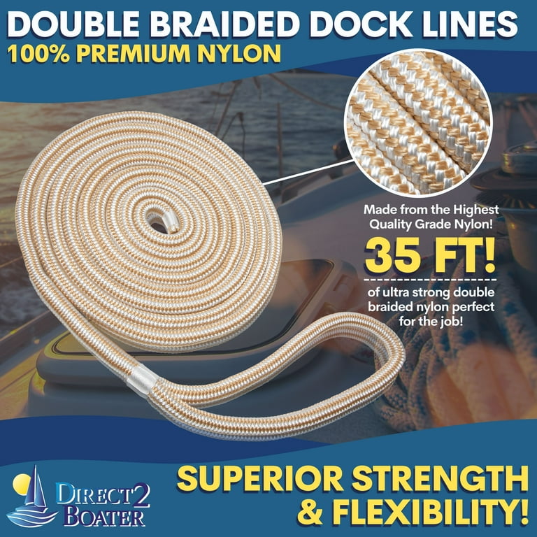 1/2 x 35' - Gold/White Durable Double Braided Nylon Dock Line - For Boats  Up to 35' - Long Lasting Mooring Line - Strong Nylon Dock Lines for Boats -  Marine Grade