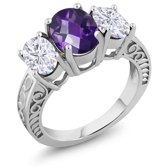Gem Stone King 3.30 Cttw Oval Checkerboard Purple Amethyst and Moissanite 3-Stone Ring for Women | 925 Sterling Silver | Oval 9X7MM and 7X5MM | Gemstone Birthstone (Size 5)