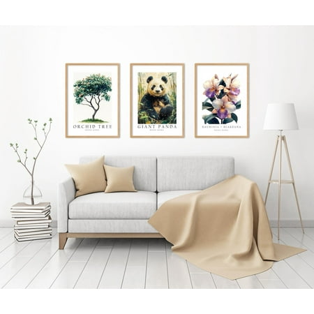 UNFFRAMED Luvia Set of 3 Hong Kong National Symbols Poster Prints, Giant Panda, Bauhinia Flower, and Orchid Tree Wall Art Decor Set 3 Prints 8x12