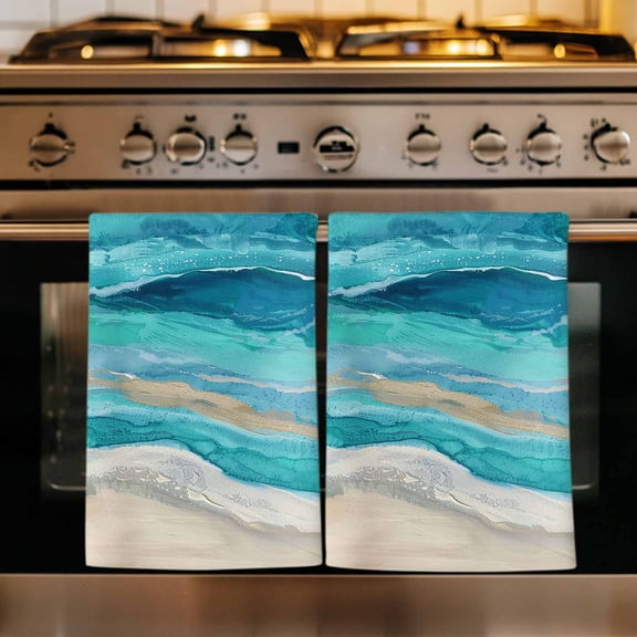 Teal Coastal Kitchen Towels Set of 2, Summer Beach Nautical Abstract Art Absorbent Dish Towels for Kitchen, Microfiber Hand Towel, Quick Drying Tea Towel for Cleaning Decorative Dishcloths