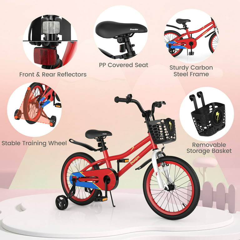 Prorider 18'' Kid's Bike with Removable Training Wheels & Basket for 4-8  Years Old Red