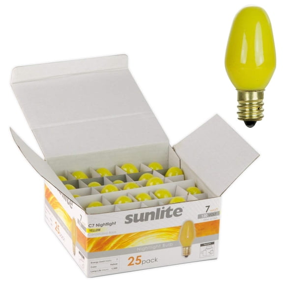 Diodesy- Pack of 25 7C7/Y/25PK 7 Watts C7 Incandescent Light Bulb, Yellow Glow, Dimmable Small Night Light, E12 Candelabra Base for Holiday Decoration/Occasion/Party Light, 120V, 2000 Lifespan Hour