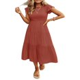 thumbnail image 2 of Robe Midi Décontractée d'Été pour Femmes à Manches Courtes Volantées Col Rond Taille Élastique Smockée, 2 of 7
