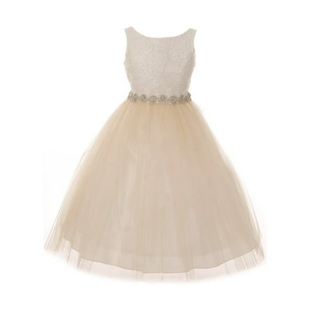 Girls Ivory Champagne Sequin Crystal Belt Tulle Flower Girl (Crystal Champagne Best Price)