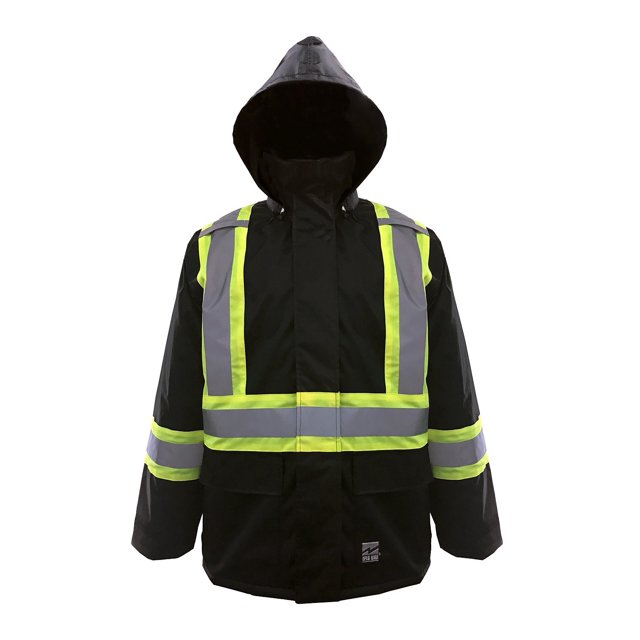 Viking Men's Open Road 150D Trilobal Rip-Stop Hi-Vis Safety Rain Jacket with 2" Vi-brance Reflective Tape over 4" Contrasting Tape, Black, Large