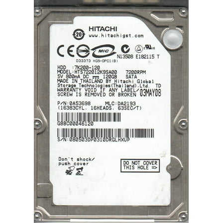 HTS722012K9SA00, PN 0A53698, MLC DA2193, Hitachi 120GB SATA 2.5 Hard Drive