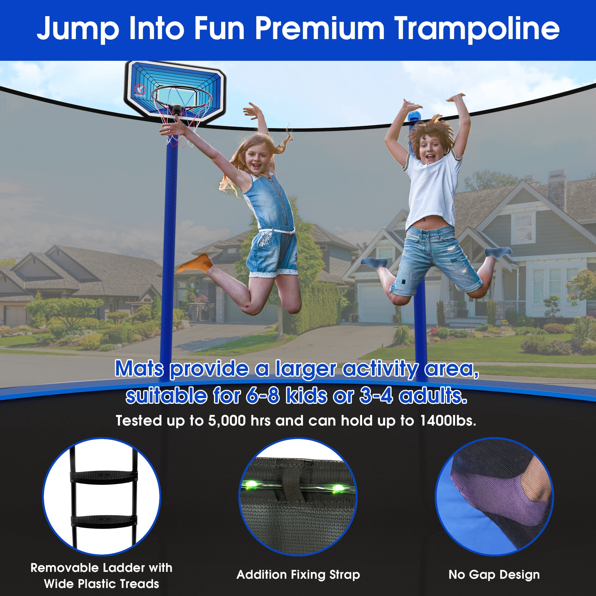 Jump Into Fun 14FT Trampoline for Adults/ 6-8 Kids, 1400LBS Capacity Trampolines with Enclosure, Basketball Hoop, Heavy Duty Outdoor Galvanized Anti-Rust Coating Recreational Trampoline