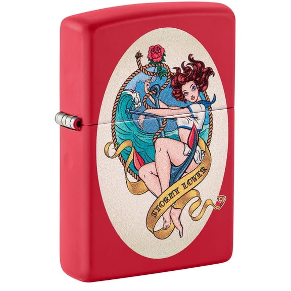 Zippo Lighter: Stormy Lover Tattoo, Pin-up Girl - Red Matte 46058