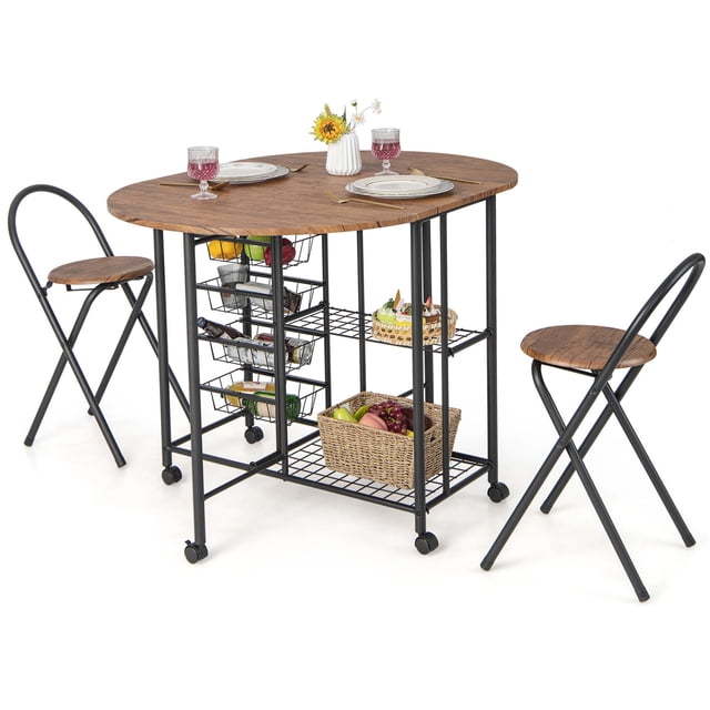 Costway 3 PCS Table à Manger Pliante et Ensemble de Chaises Pliable Drop Leaf Table pour Cuisine