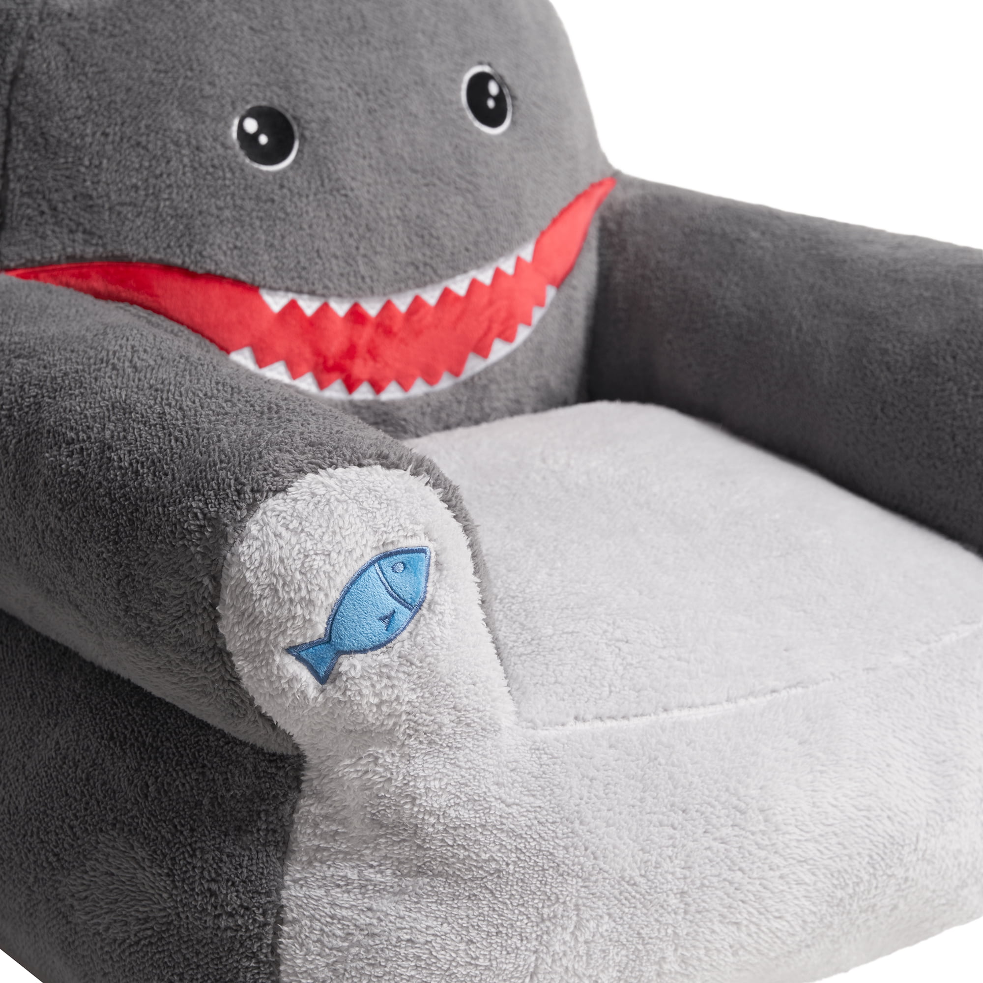Lounge & Co Kids Shark Large Foam Filled Bean Bag Chair, Gray Plush, 25" W x 20" D x 23" H