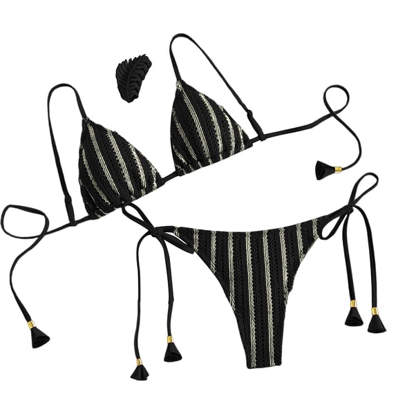 Women's Striped Bikini Swimsuit Two-piece Swimsuit Set Black L