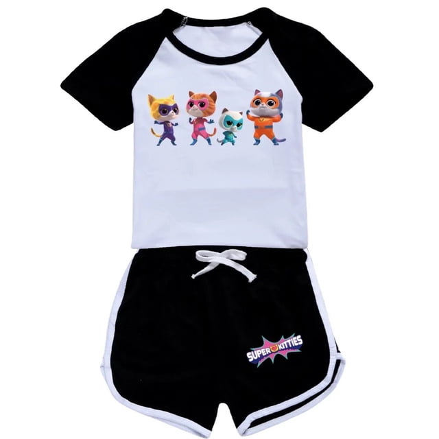 Ropa de superkitty para niñas y niños, conjunto de ropa de verano, traje deportivo de superkitty, camiseta + Pantalones, 2 piezas, pijamas para bebés