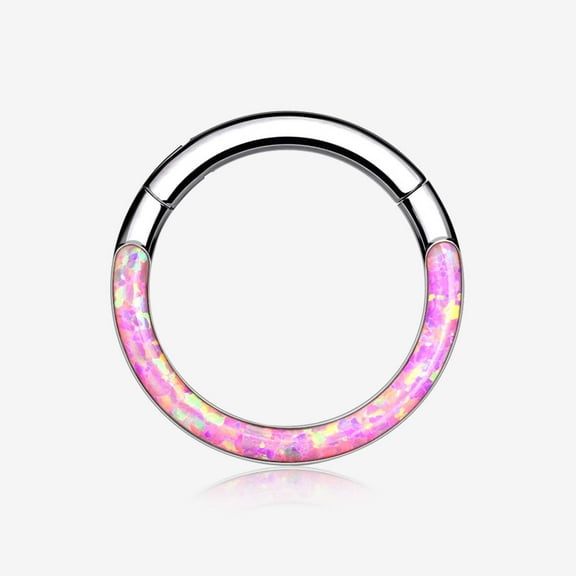 Implant Grade Titanium Brilliant Fire Opal Lined Front Facing Seamless Clicker Hoop Ring-Pink Opal
