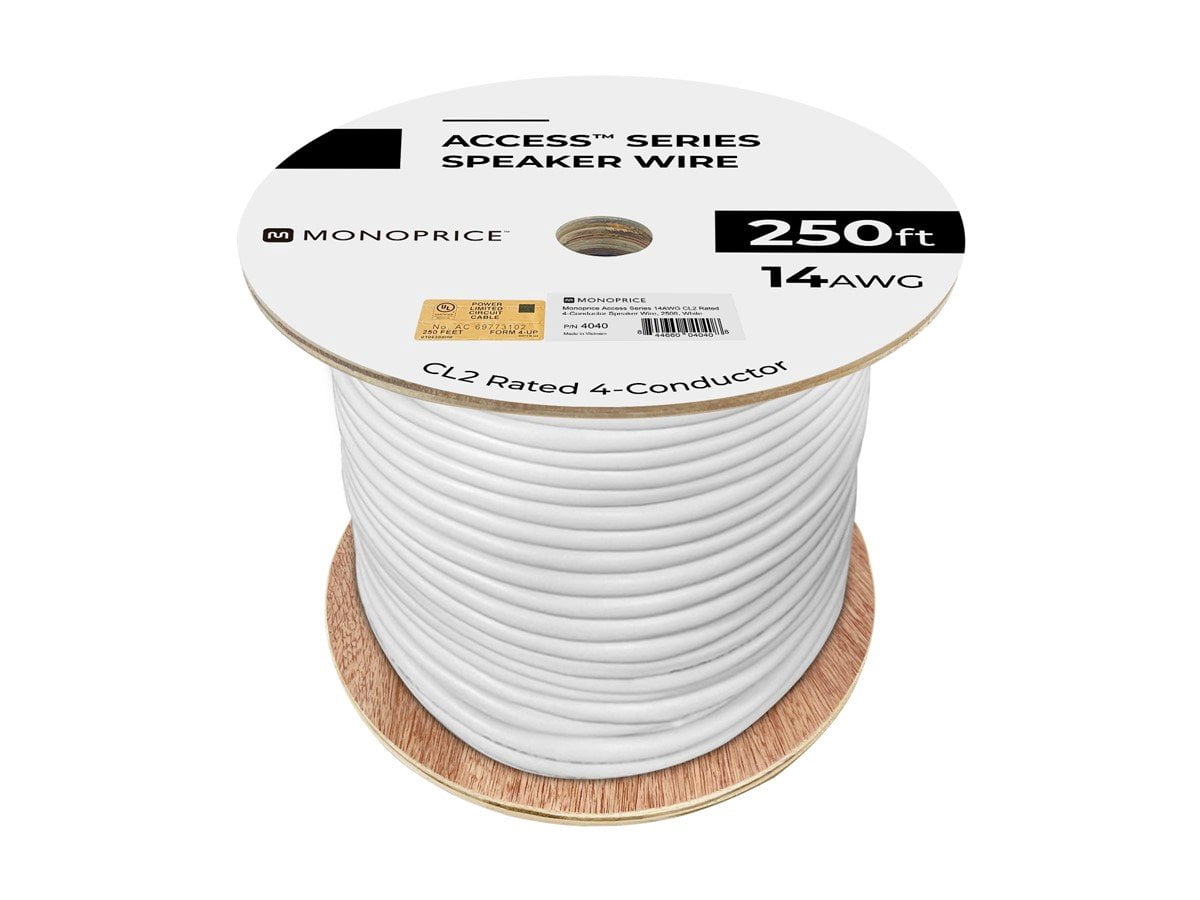 Monoprice Speaker Wire, CL2 Rated, 4-Conductor, 14AWG, 250ft, White