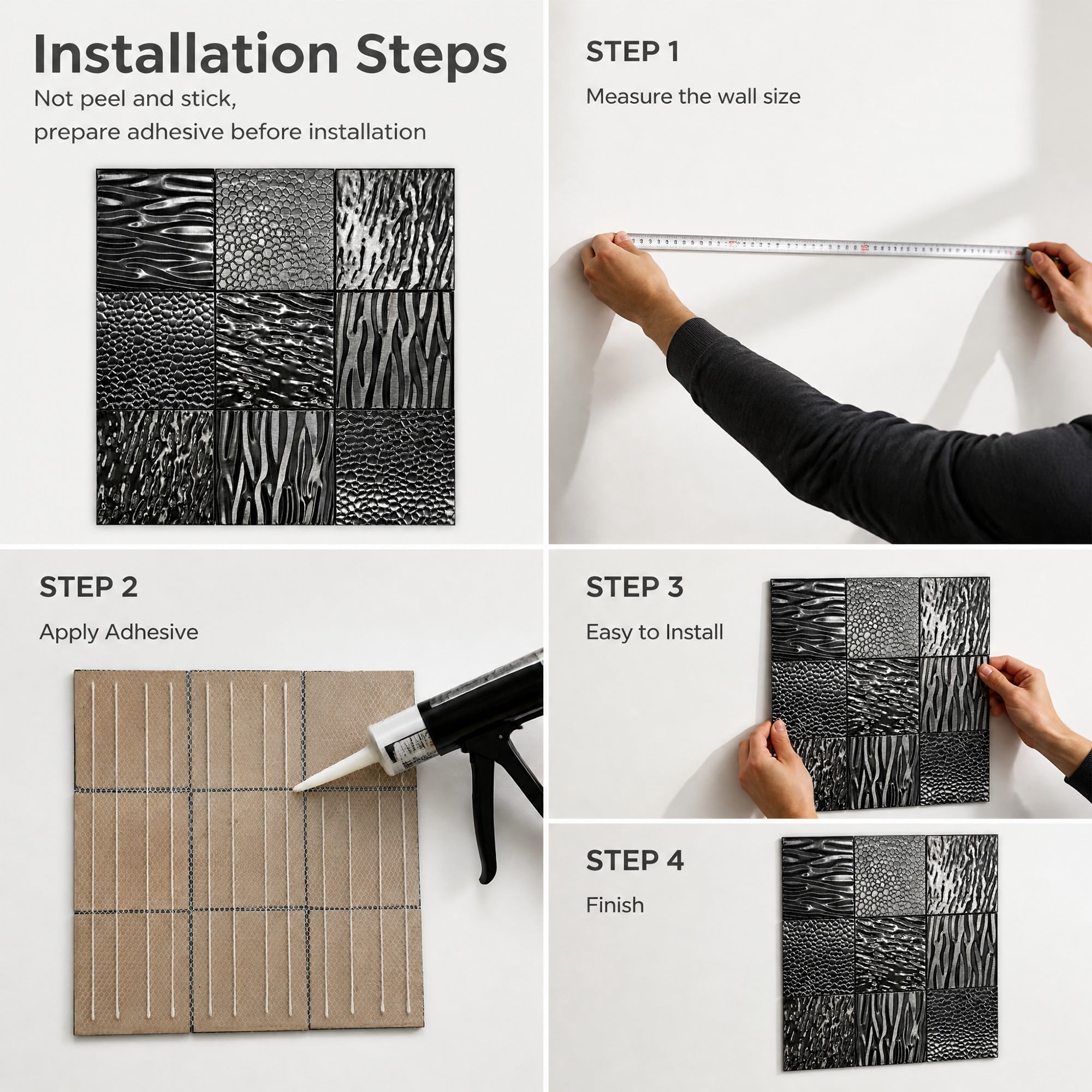 Easy4Home 5Pcs 12"x12" Metal Wall Panels Morden Mosaic Tiles for Interior Wall Decor, Black
