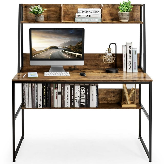 Costway 47'' Computer Desk w/ 3 Storage Cubes & Open Bookcase Home Office Rustic Brown