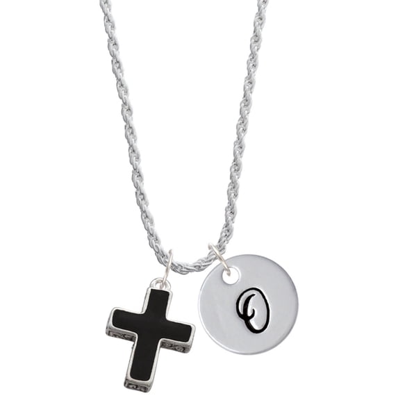 Delight Jewelry Silvertone Large Black Enamel Cross with Decorated Sides Silvertone Script Initial Disc - O - Charm Necklace, 20"+3"