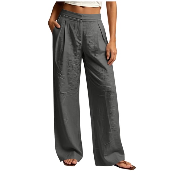 Guluxicc Women's Linen Pants with Pockets Elastic Waist Wide Leg Casual Trousers for Summer Beach Vacation