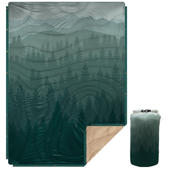 KawaGebo Kamp Manta para acampar al aire libre con forro Sherpa, mantas de campamento gruesas extra cálidas y poncho suave e hinchado DWR para clima frío, aventura, dormir, mochilero 78 "x 56"