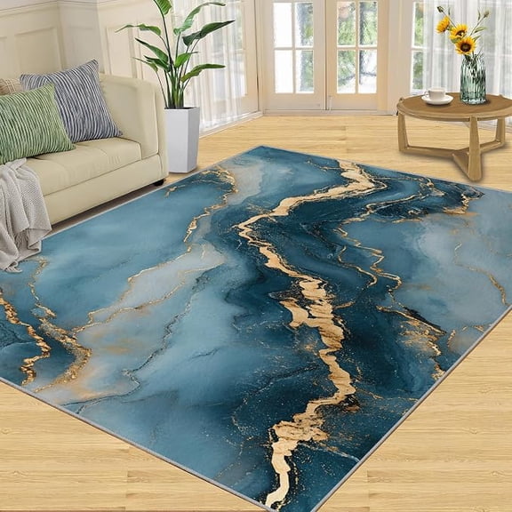 Blue Marble Area Rug, Gold Agate Texture Bedroom Rug, Luxury Fluid Art Rugs for Living Room, Indoor Carpet, Low-Pile & Non Slip, Washable Rugs & Home Decor 2 x 3ft