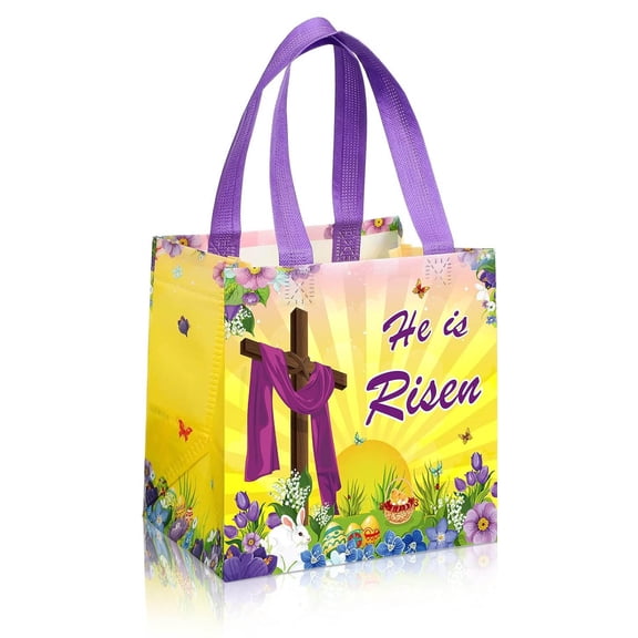 Easter Non Woven Fabric Bag He is Risen Sign Gift Bags Cookie Treat Candy Goody Easter Religious Treat Bags with Double Handles for Easter Theme Party Favor