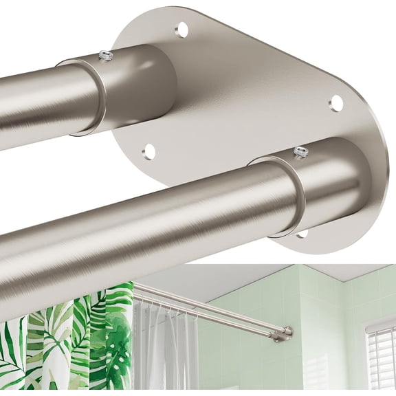 Double Shower Curtain Rod, Brushed Nickel 28 to 76 Inches Adjustable Wall Mounted Double Shower Rod Rustproof, Shower Curtain Pole for Bathroom, Laundry Room, Bathtub and more