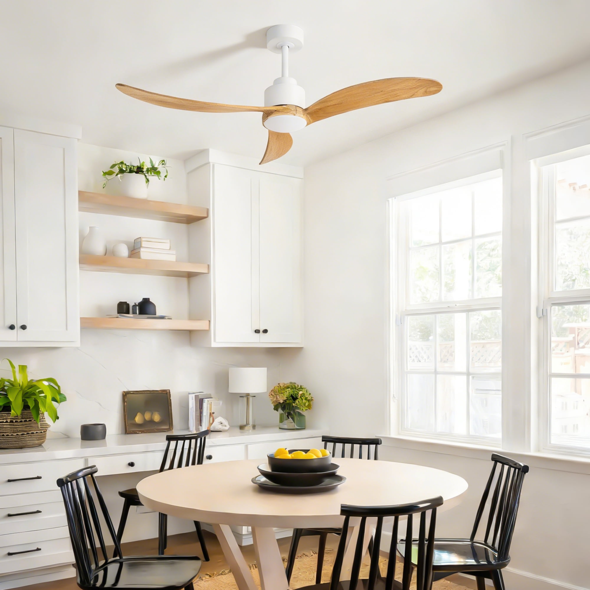 Ceiling Fan with Light, 52 Inch Solid Wood Blade Fan for Home Living Room Indoor Decor, White Wood