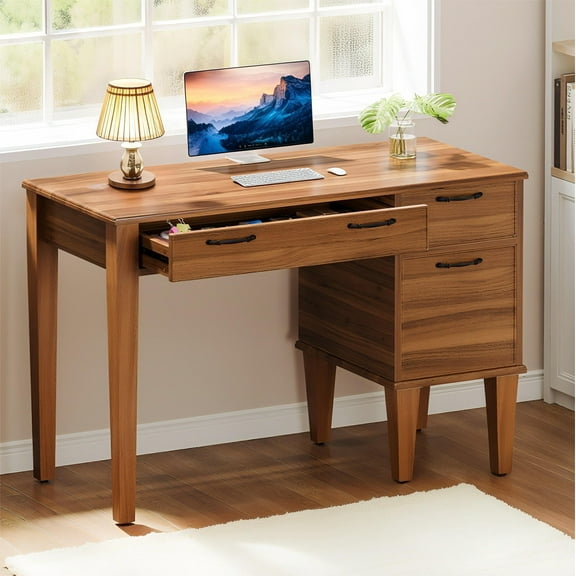 Fnova 47.2" Farmhouse Computer Desk with 3 Drawer, Wood Home Office Writing Desk with Storage, Brown
