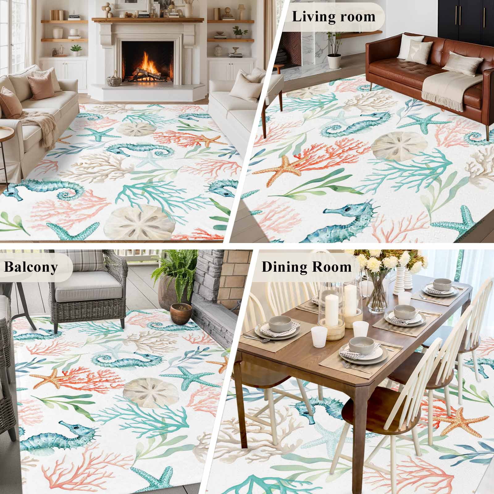 5'x7' Area Rugs for Living Room Bedroom, Teal Red Seahorse Coastal Washable Rug Carpet Runner Indoor Outdoor, Nautical Beach Coral Starfish Non Slip Floor Mats Area Rug for Kitchen, Nursery